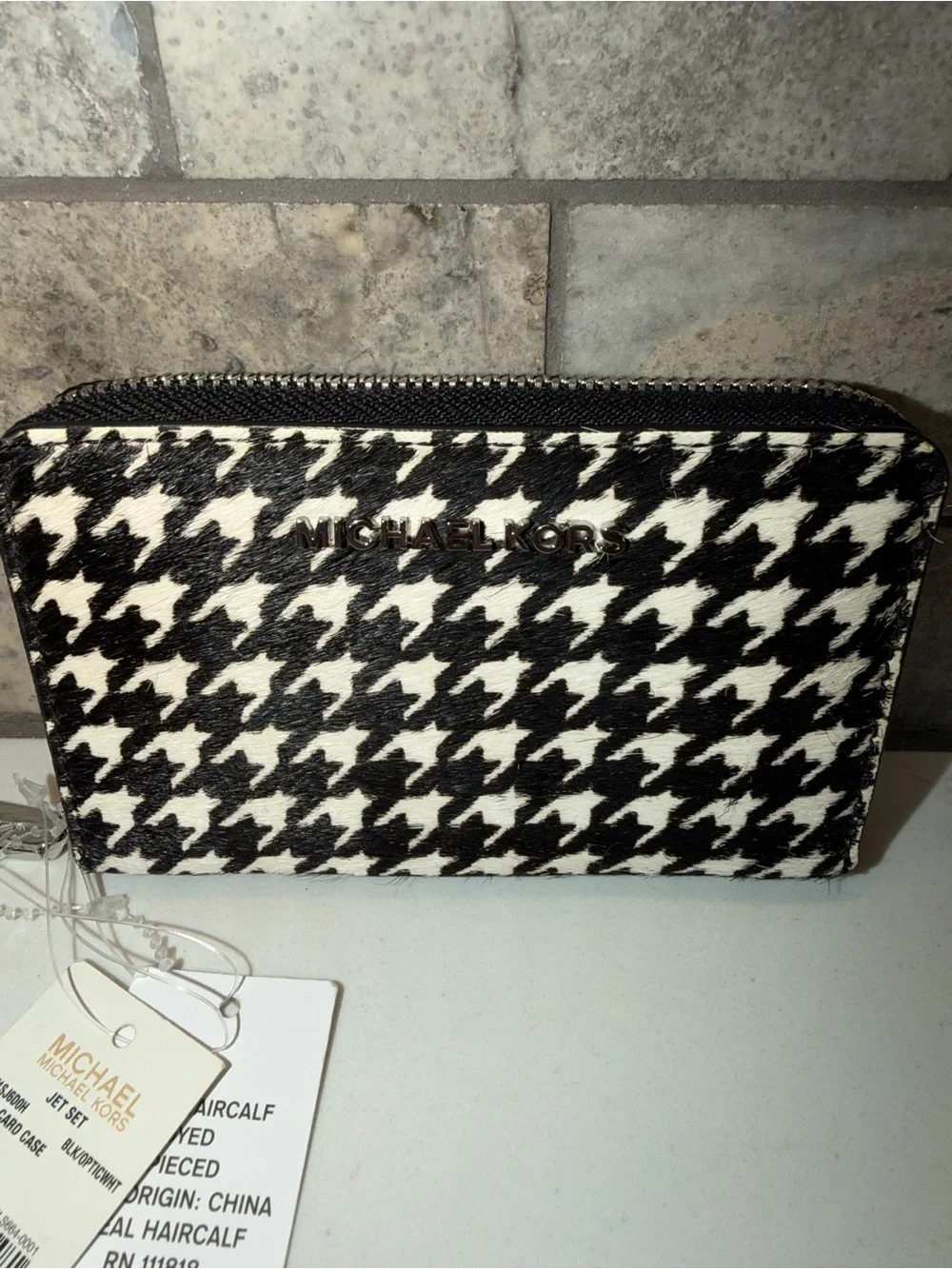 Michael Kors Black & White Haircalf Houndstooth Zip-Around Wallet